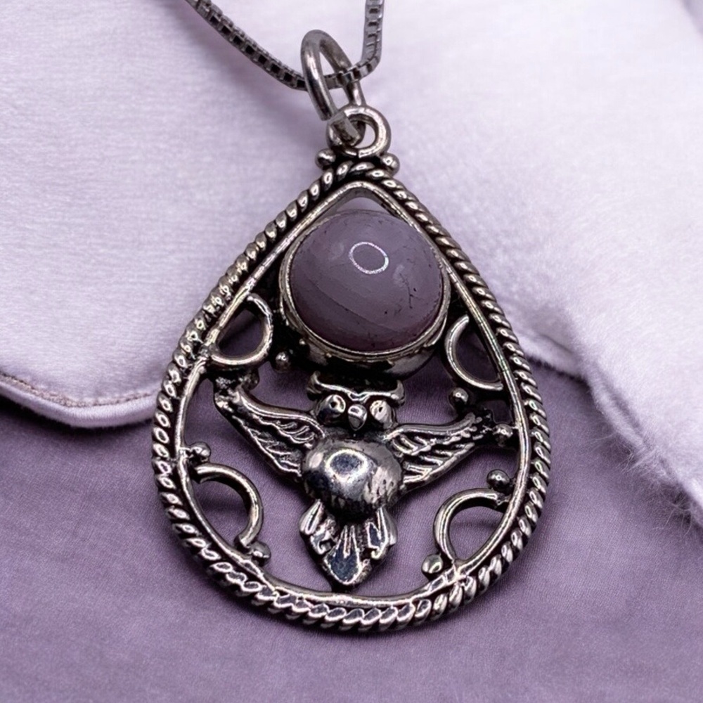 Pink Moonstone Owl Pendant in Sterling Silver